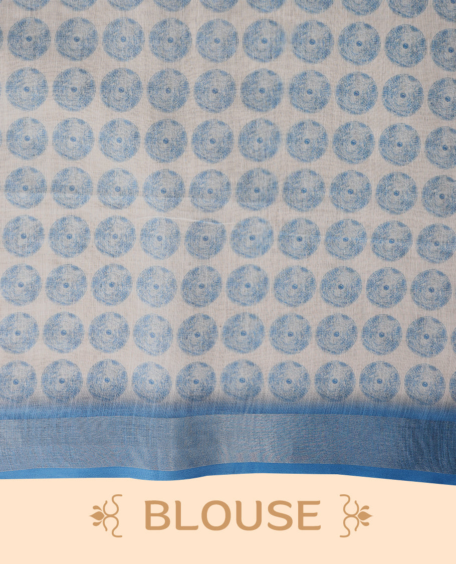 Blue and white cotton saree featuring a nature-inspired abstract print and a Blue border with Matching Blouse