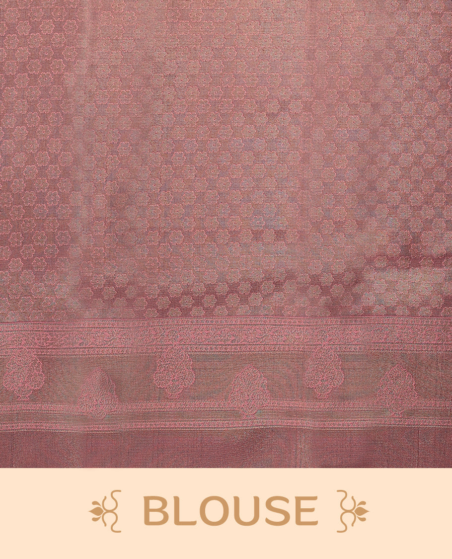 Grey coloured semi silk saree featuring a Golden Brocade body, paired with a Pastel Onion coloured border and matching blouse.