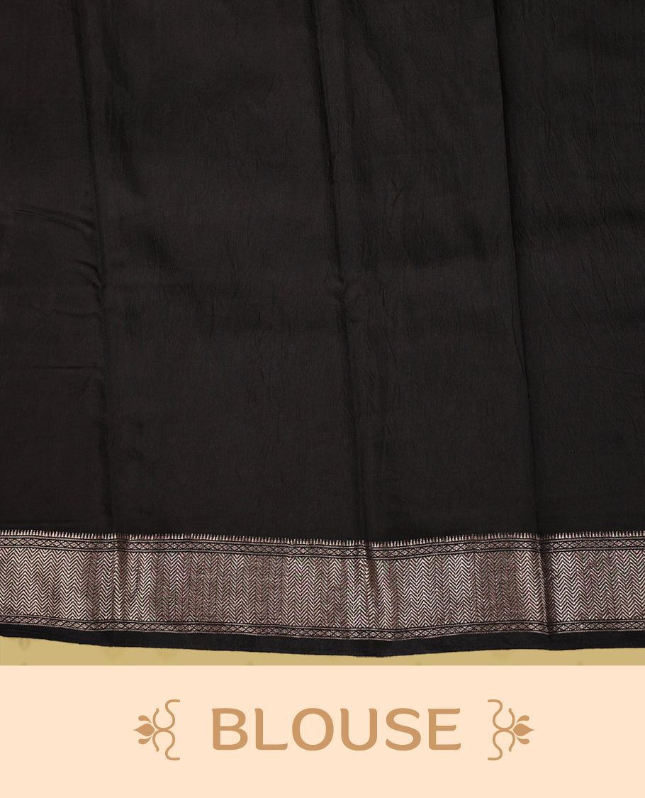 Black colour saree with off white floral and geometric prints, featuring a contrast zari border and beautifully detailed printed pallu & Comes with a matching black blouse piece.