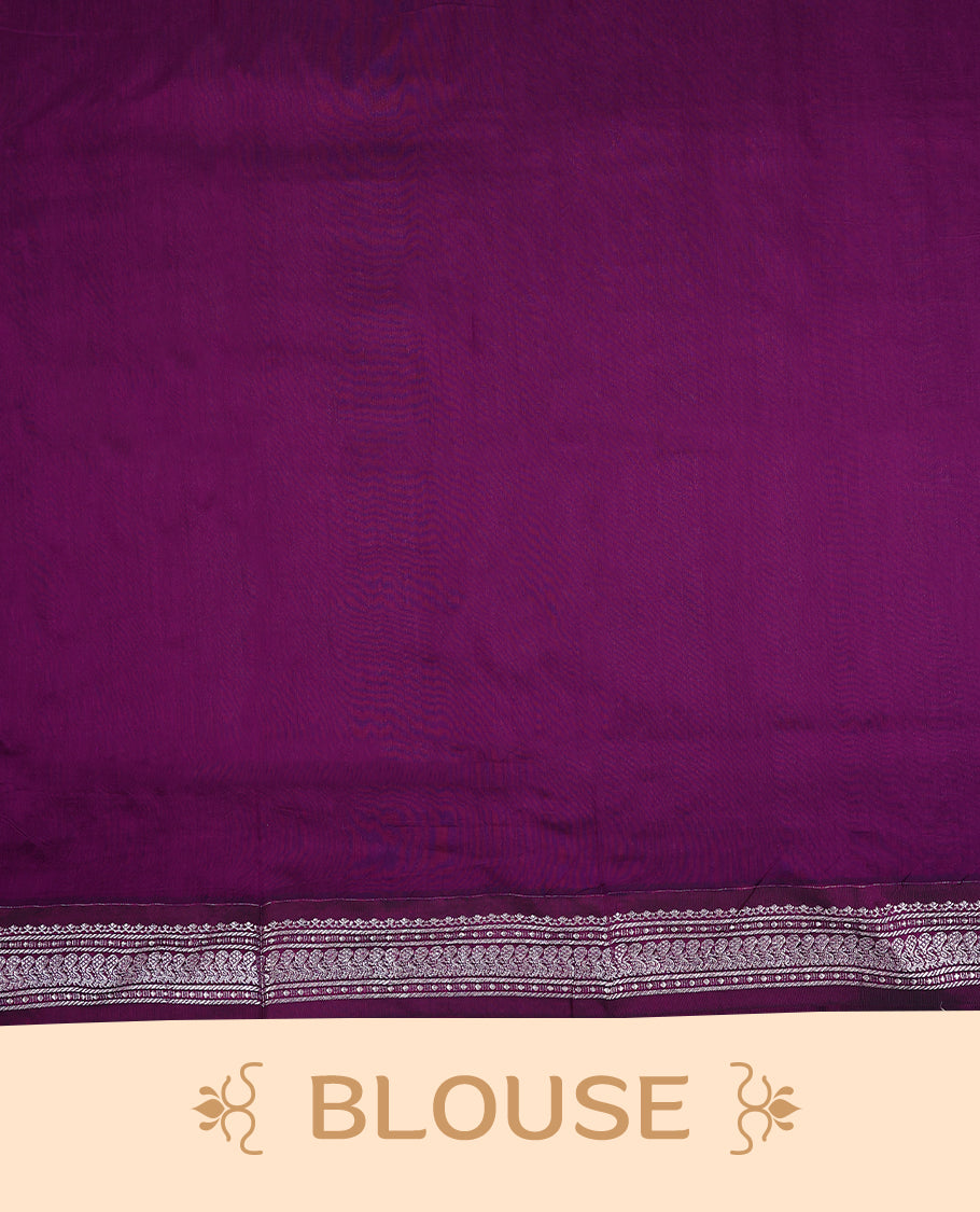 Grey colour mixed Kalyani cotton saree featuring Plain body, paired with a purple colour traditional border and pallu, with matching blouse