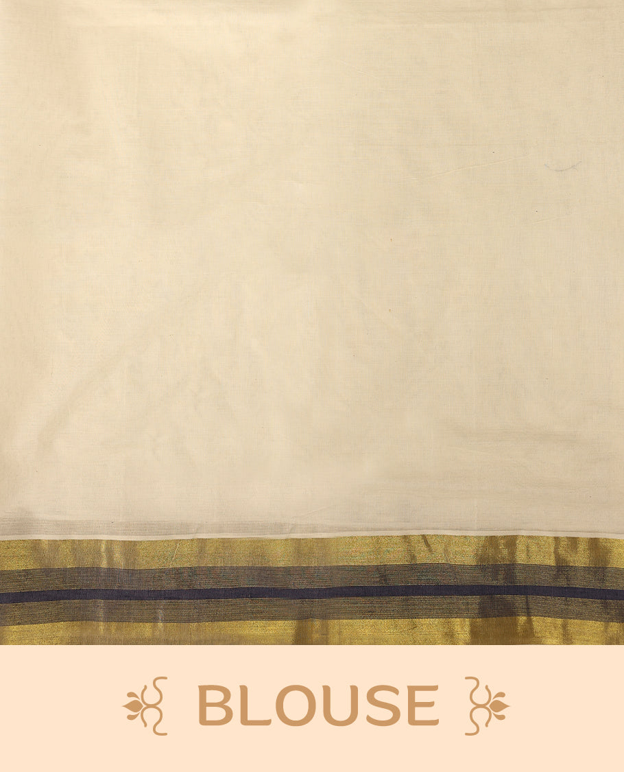 Elegant off white colour cotton Kerala saree featuring Plain body, Navy Blue colour & golden zari kasavu border offering a classic and graceful look, paired with a matching blouse.