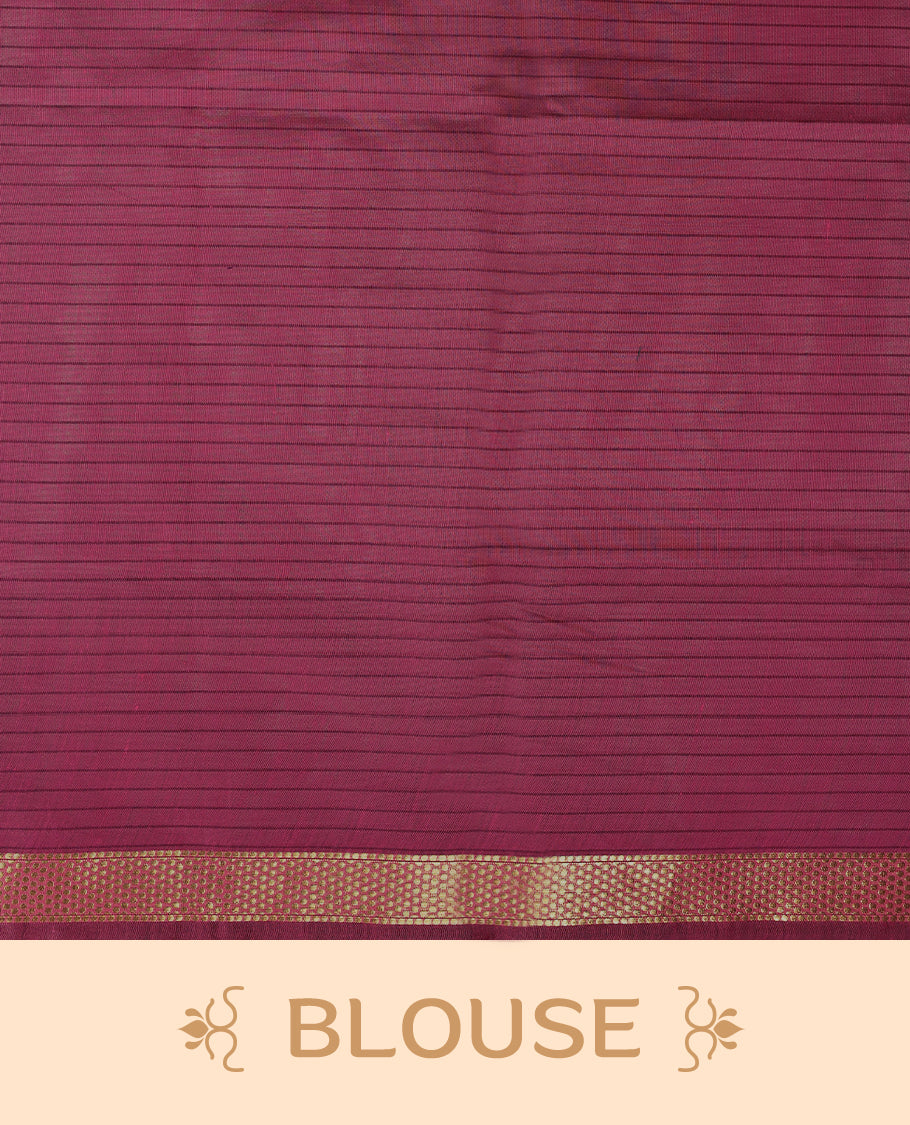 Mustard colour chanderi cotton saree with fine striped body, mangalgiri border, grand pallu featuring magenta and gold zari stripes, with matching blouse.