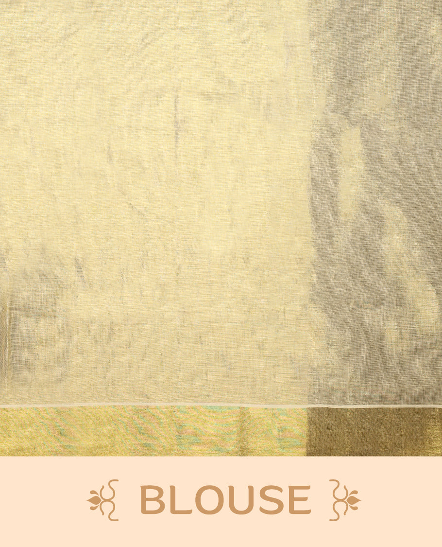 Light Gold colour Tissue Kerala saree featuring Blue and white Colour Floral thread work on body and a beautifully woven Gold Kasavu border, paired with a matching blouse perfect for festive occasions.