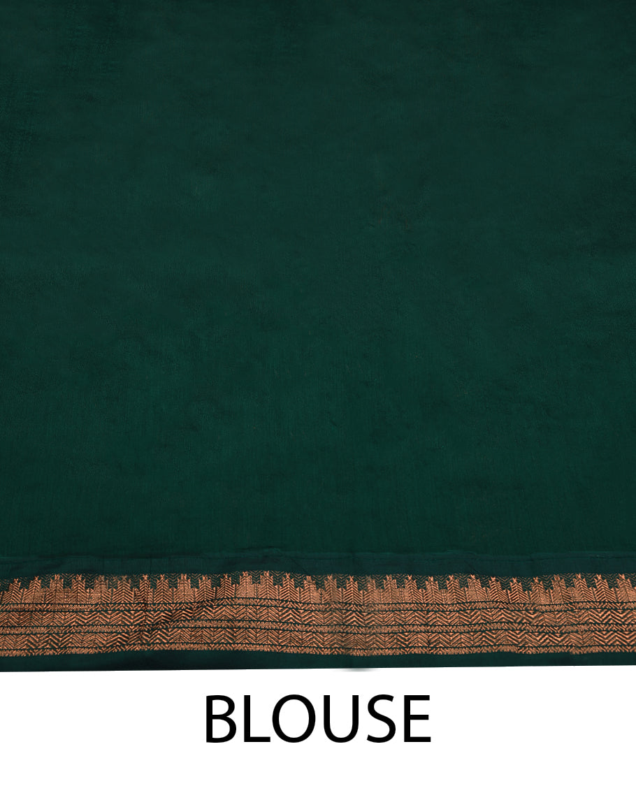 Burnt Orange Colour Mixed Kalyani Cotton Saree having Plain Body with Dark Green Colour Border and Blouse
