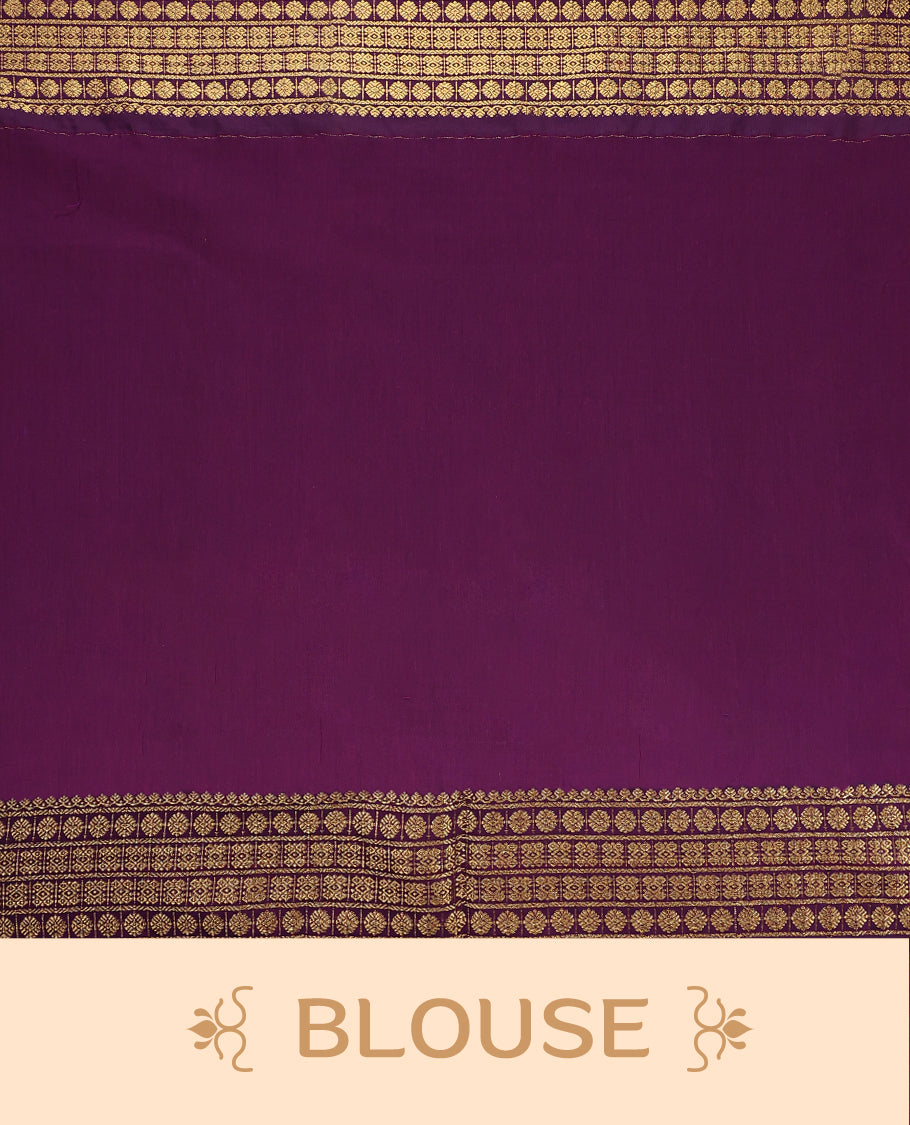 Magenta colour Kalyani cotton saree featuring silver zari checkered weave throughout the body, paired with a rich Purple colour traditional zari woven border and pallu, with matching blouse.