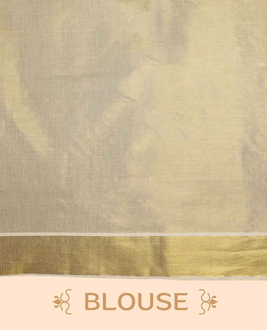 Light Gold colour Tissue Kerala saree featuring thread diamond work on body and a beautifully woven Gold Kasavu border, paired with a matching blouse perfect for festive occasions.