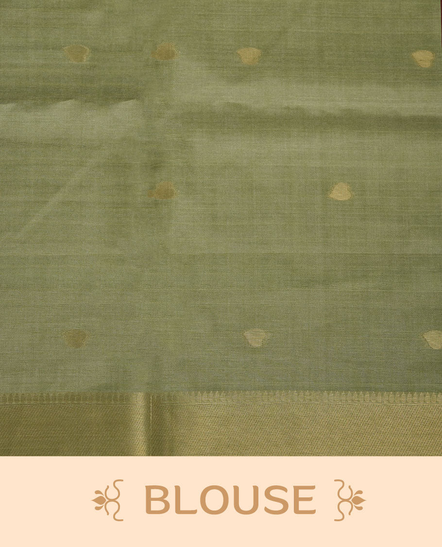 Light green colour semi jamdani tussar silk saree featuring woven Floral kodi & butterfly motifs on the body, complemented by a self colour without border pallu, paired with a matching blouse.
