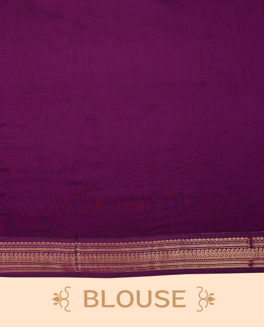 Grey colour mixed Kalyani cotton saree featuring Magenta zari Motifs throughout the body, paired with a Grape colour traditional border and pallu, with matching blouse