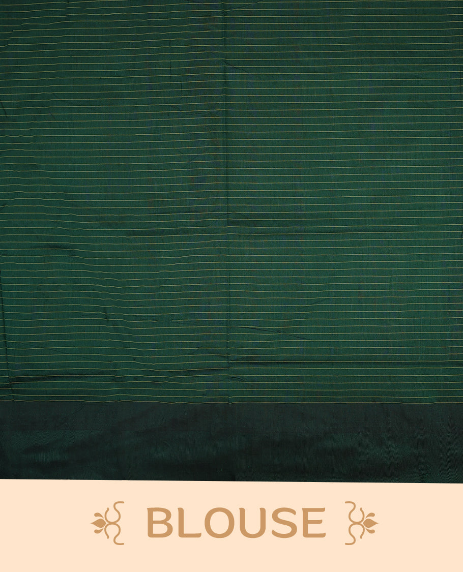 Purple colour mixed Kalyani cotton saree featuring Yellow zari checks throughout the body, paired with a Bottle Green colour traditional border and pallu, with matching blouse