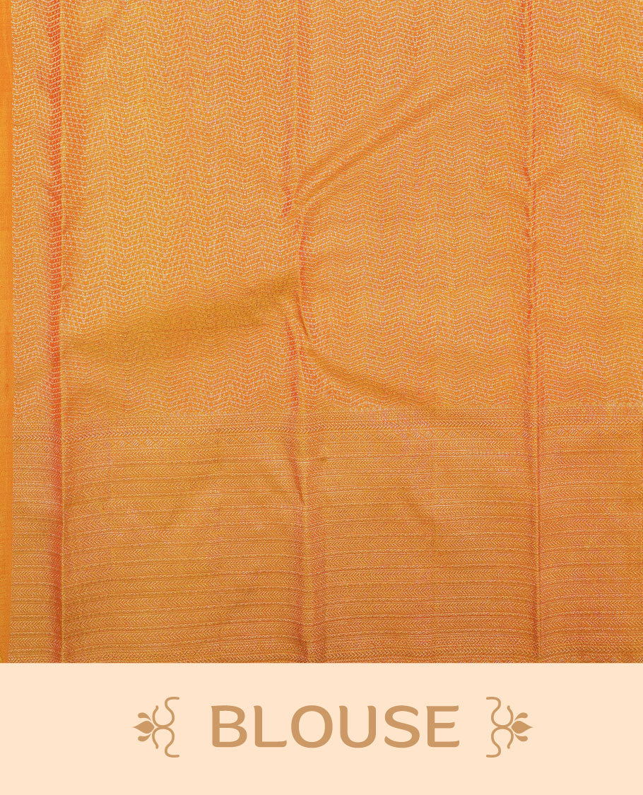 Mango yellow colour Kanchipuram pattern Manthrakodi saree featuringrose gold zari floral pencil art design & jari jacquard design and geometrical border and jacquard zari blouse piece.