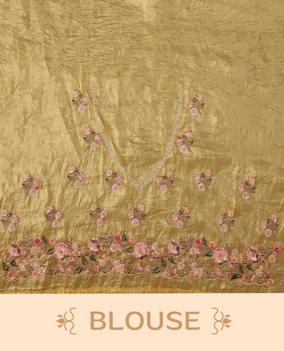 Mustard Gold Crush Soft Silk saree featuring Floral Thread Works on the body, complemented by delicate floral embroidery border and a matching blouse.