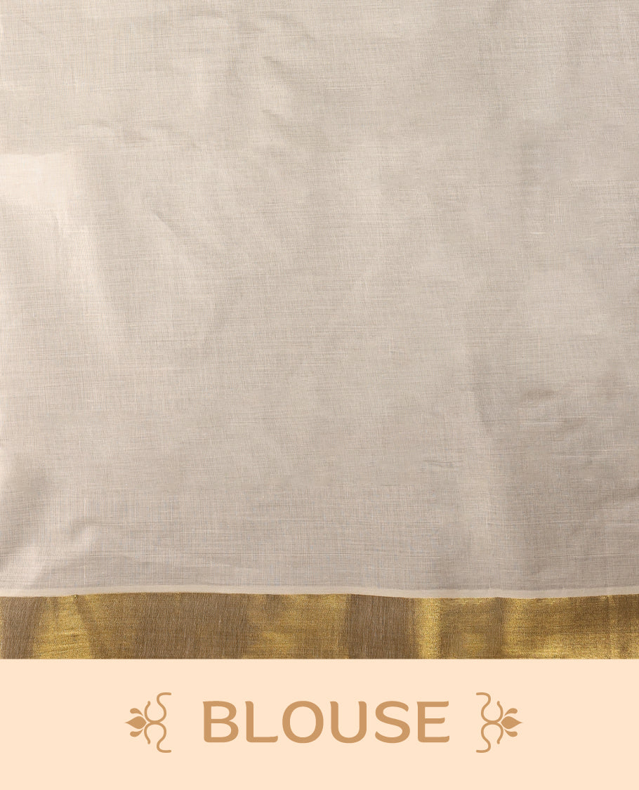 Elegant off white colour cotton Kerala saree featuring Gold zari motifs on body, traditional golden zari kasavu border & Rich Pallu offering a classic and graceful look, paired with a matching blouse.