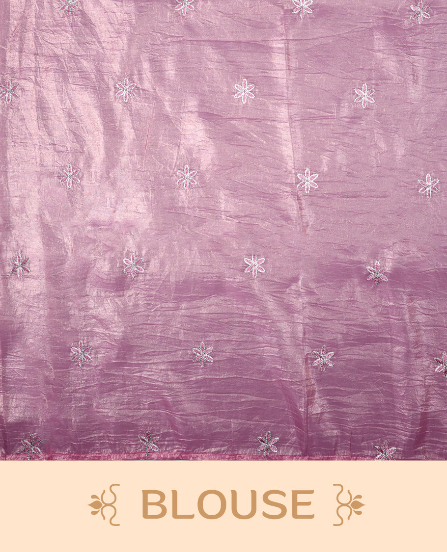 Pink colour crush soft silk saree adorned with bold floral thread embroidery on the body and scallop edged borders, Paired with a matching blouse for a complete look.