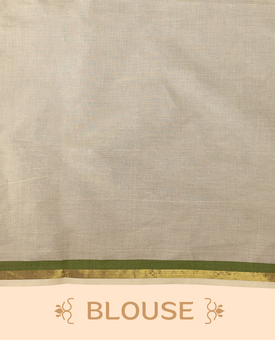 Elegant off white colour cotton Kerala saree featuring a plain body and traditional golden zari border with a hint of Olive Green, offering a classic and graceful look, paired with a matching blouse.