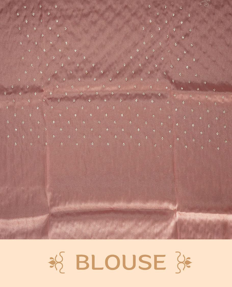 Dusty rose colour net shimmer fancy saree adorned with scattered white stone buttas, paired with a delicate stone worked border and matching blouse.