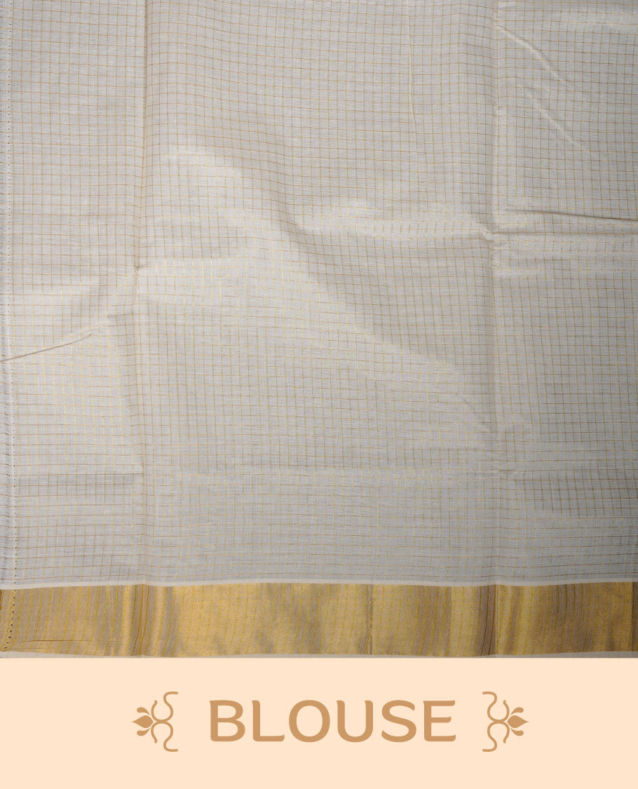 Off-white colour cotton Kerala saree featuring a subtle gold checkered weave, highlighted with a rich traditional gold kasavu border along the pallu and pleats, and paired with a matching blouse.