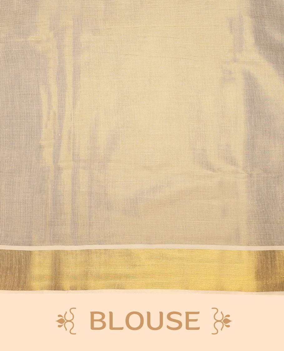 Kerala Tissue saree with Plain Body and Classic Golden border with Matching Blouse
