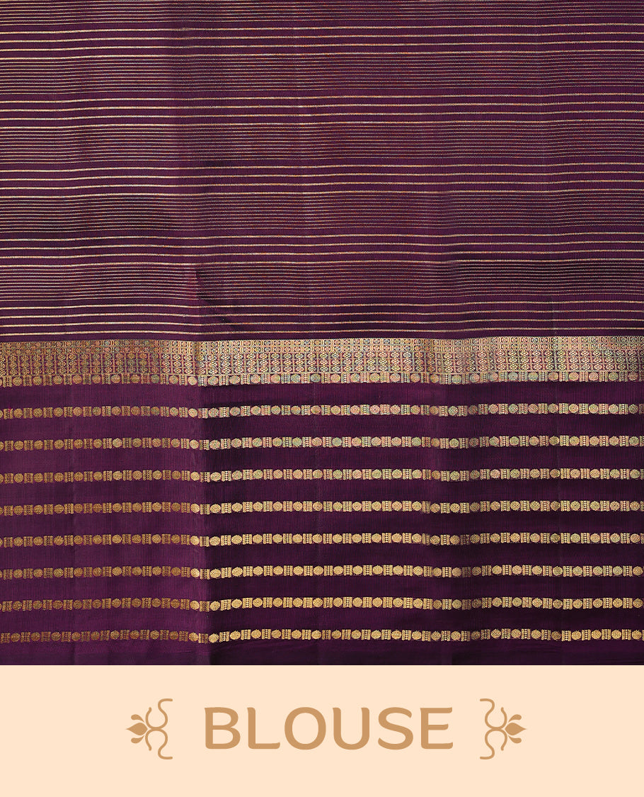 Grape wine Colour soft silk saree adorned with golden zari checks on the body, complemented by a self-coloured border featuring a golden zari Poun design, paired with a matching self-coloured blouse