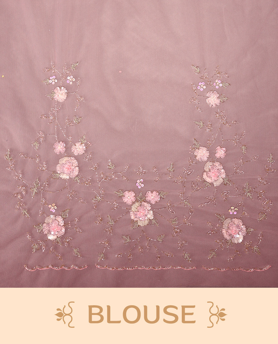 Baby Pink colour net designer saree featuring crisscross cut beads detailing on the body, adorned with beads and sequin worked floral kodi scallop border, paired with a matching worked blouse