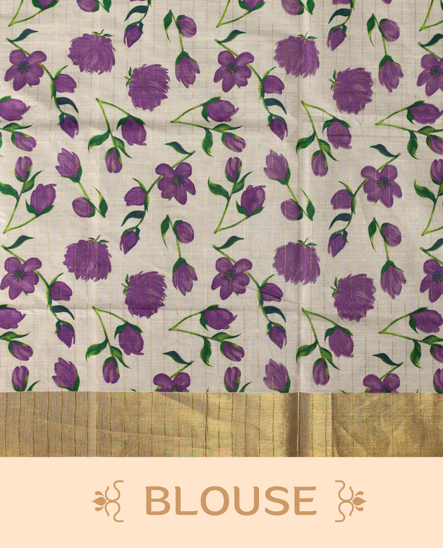 Elegant Off white colour cotton Kerala saree with hand-painted purple floral motifs, highlighted by a rich golden zari border and pallu paired with matching blouse.