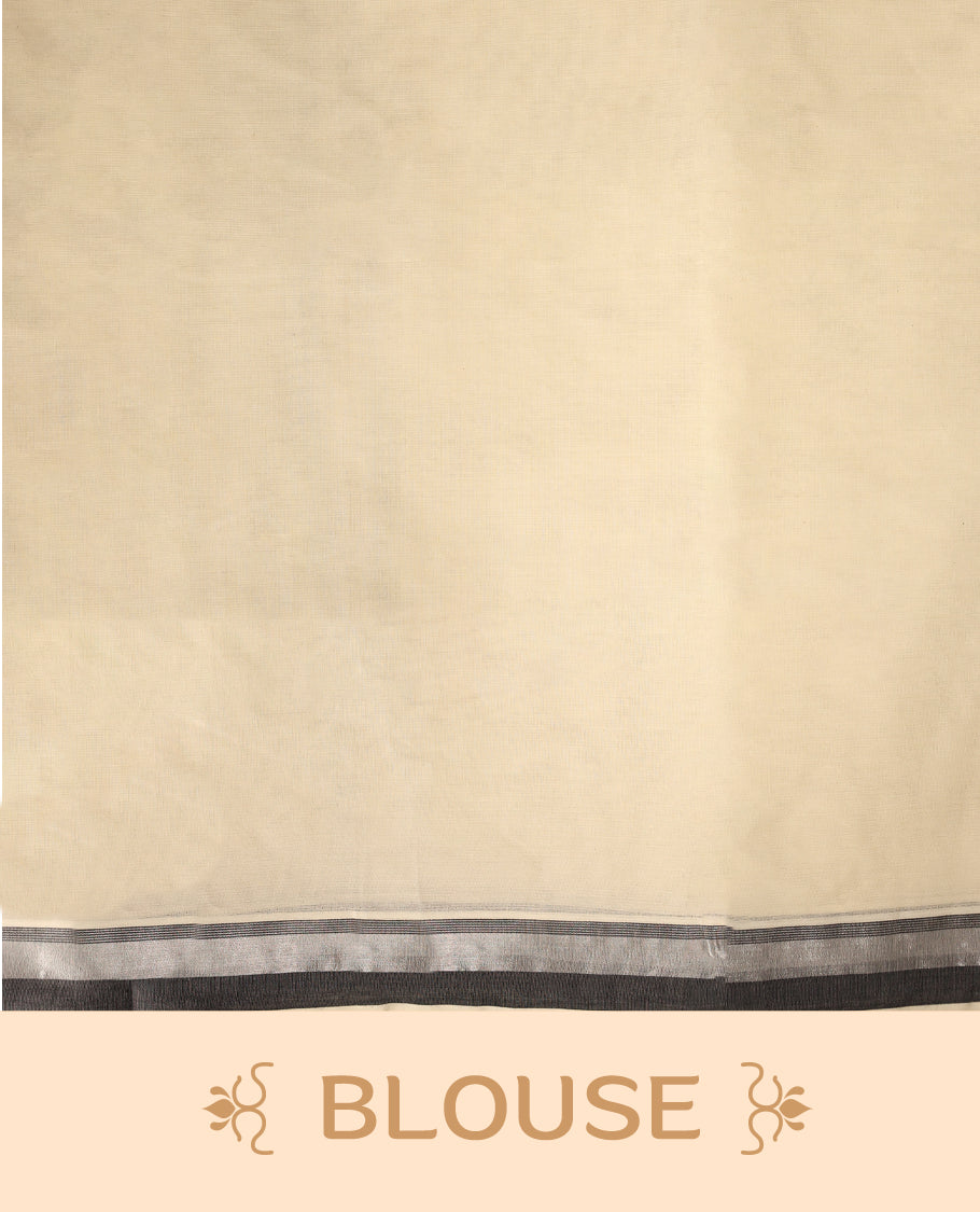 Elegant off white colour Kerala cotton saree with silver and black dual tone borders, Soft, breathable, and paired with a matching blouse, it’s perfect for festive occasions, office wear, or elegant day outings.