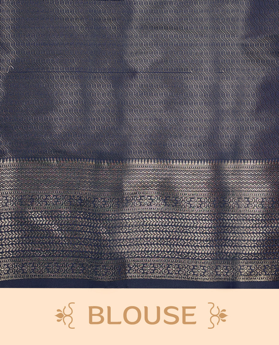 Navy Blue Art Soft Silk Saree showcases intricate silver zari work on the body and border, paired with a matching blouse