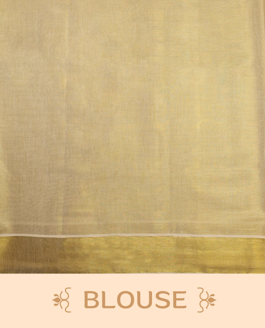 Elegant off white Kerala saree in tissue, featuring a plain body, shimmering gold zari kasavu border, and rich pallu with intricate zari patterns. Comes with a matching blouse, perfect for festive occasions.
