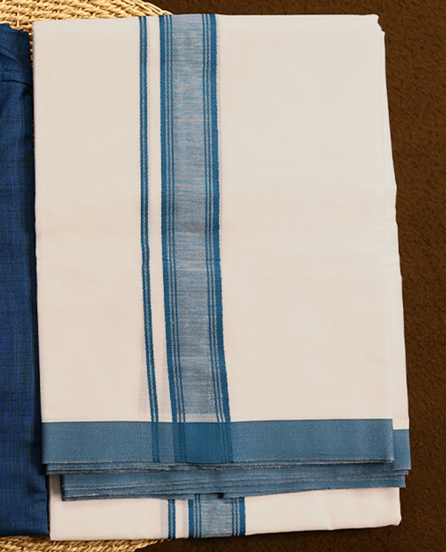 RAMRAJ Blue kurtha paired with a white dhoti, elegantly finished with a matching Blue border.