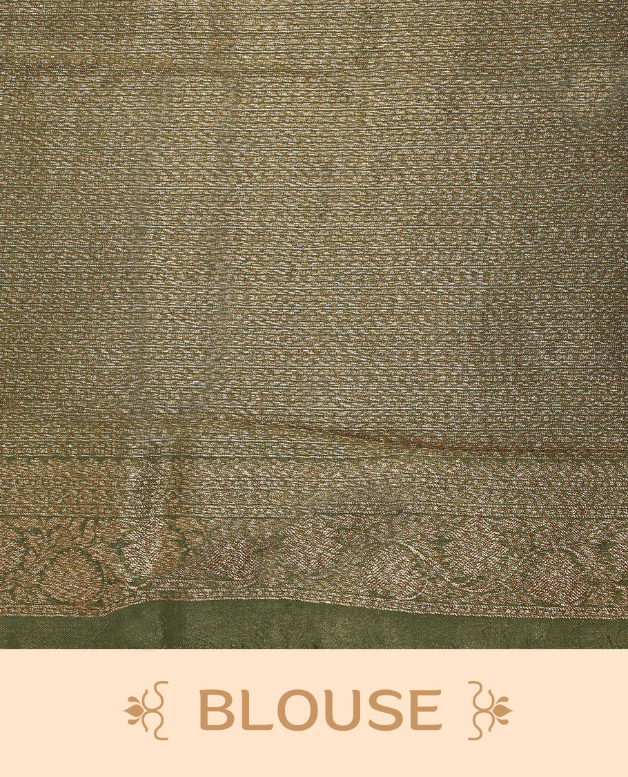 Army green semi-Banaras tussar georgette saree embellished with antique zari motifs across the body, complemented by a rich heritage Banaras border and paired with a matching blouse.
