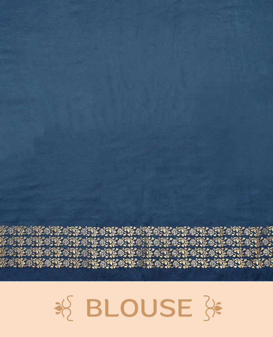 Peacock Blue colour pure Banaras crepe saree showcases elegant Gold & Silver zari Motifs all over the body, a traditional gold & Silver zari border, a rich intricately woven pallu, and comes with a matching blouse.
