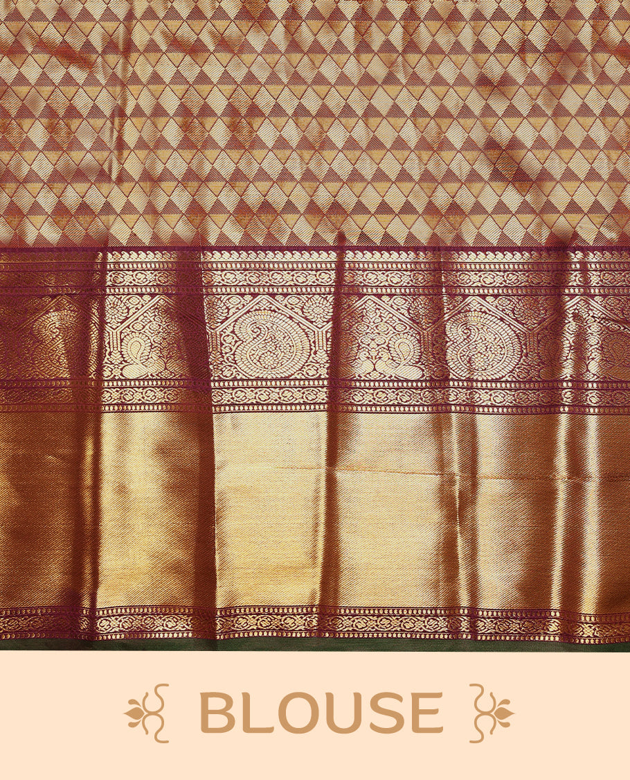 Gold colour tissue brocade saree with gold and silver zari Bold pattern on body, gold zari traditional mango and peacock work brown & green border, rich matching pallu with Antique zari motifs, paired with matching blouse.
