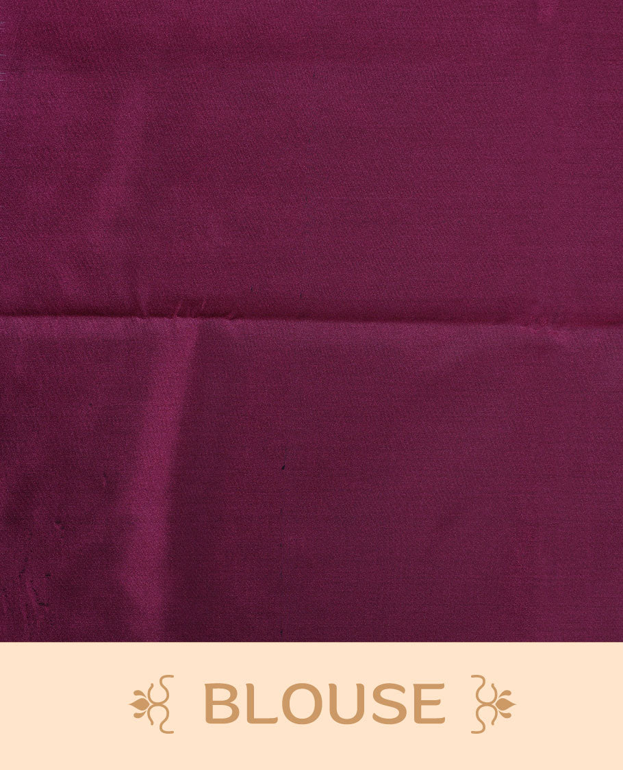 Deep purple colour semi soft silk saree adorned with delicate woven Square motifs on the body, complemented by a Self colour woven pallu with intricate detailing and tassel accents without border & Comes with a matching blouse piece.