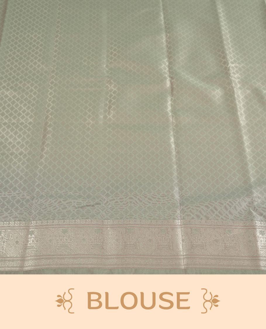 Baby Pink colour Semi Silk Saree with Self-Checked Geometric Patterns, Contrasting Silver Zari Woven Pallu and Border with Intricate Motifs and Tassels, Paired with Coordinated Blouse Piece