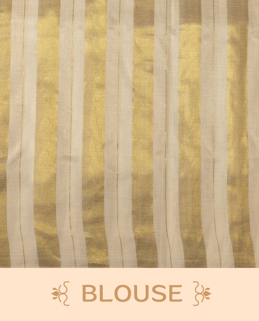 White & gold colour striped Kerala saree featuring a sheer, smooth body, without border, Comes paired with a coordinated matching blouse.