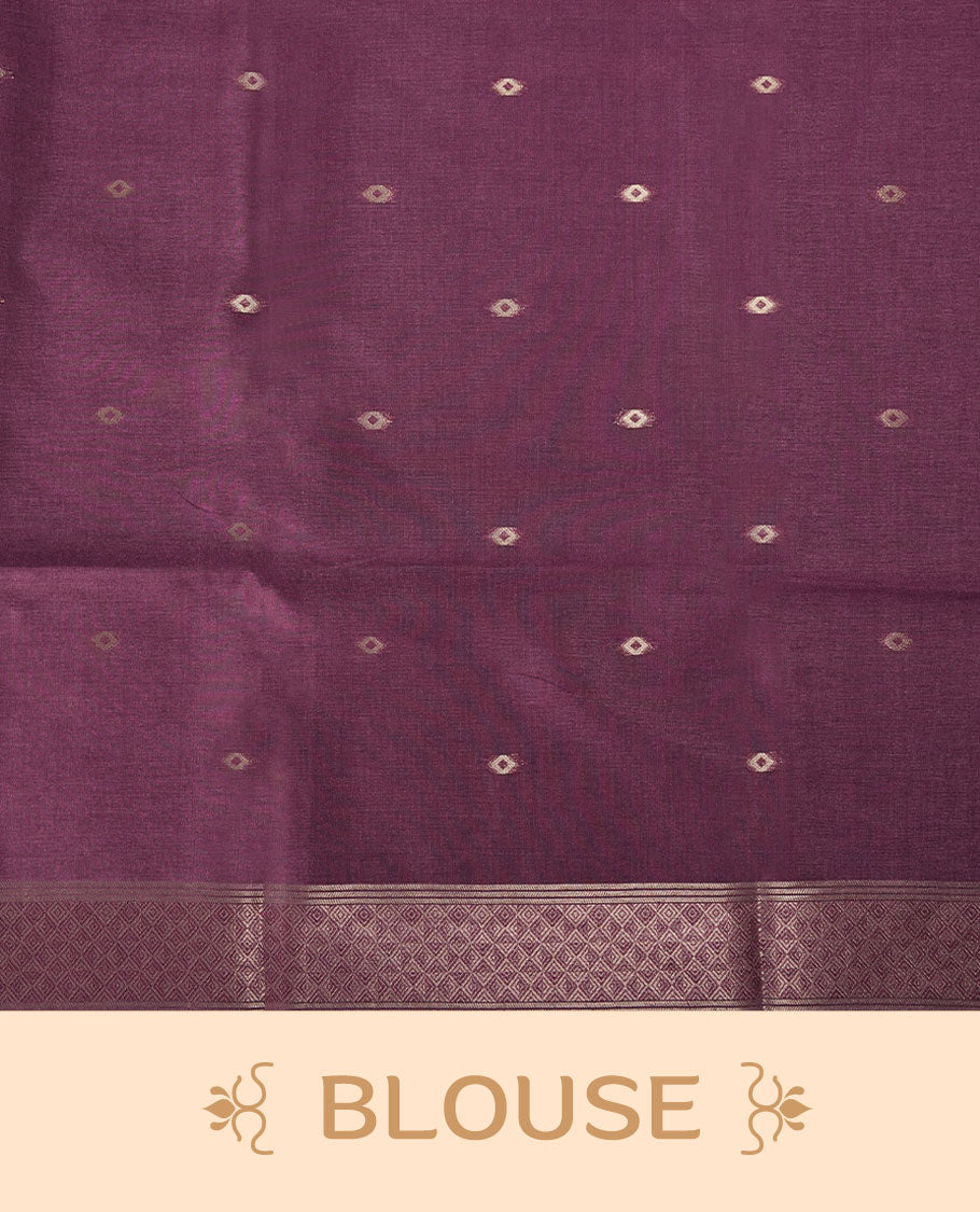 Purple Colour semi tussar Banarasi saree featuring vibrant multi-color floral prints across the body, with shimmering geometric zari patterns, and a matching blouse detailed with silver woven buttas.
