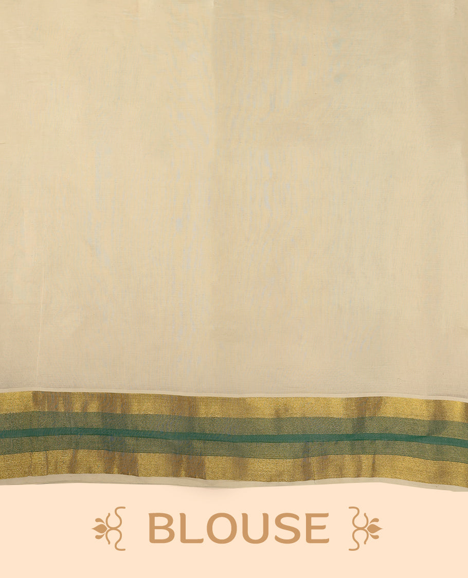Elegant off white colour cotton Kerala saree featuring Plain body, Green colour & golden zari kasavu border offering a classic and graceful look, paired with a matching blouse.