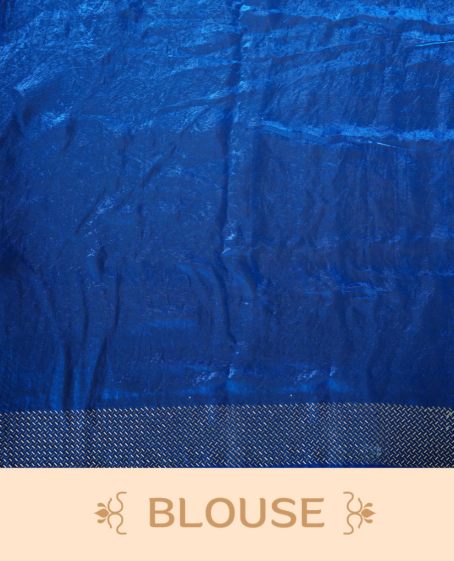 Royal Blue colour chiffon designer saree, featuring dainty scattered stones on the body, enriched with dense stone work and a heavy metallic stone border and pallu, paired with a matching blouse.