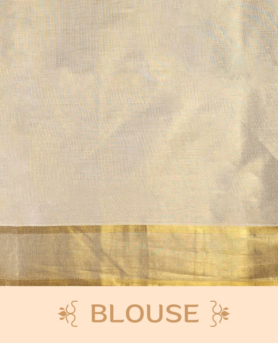 Elegant off white colour tissue Kerala saree featuring rich golden floral motifs and a shimmering zari border, exuding traditional charm and grace, Comes with a matching blouse to complete the timeless look.