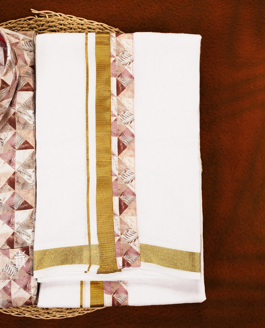 Multi pastel colour MCR full sleeve shirt featuring all over abstract prints, paired with a white dhoti adorned with a rich golden zari kara and a matching printed border.