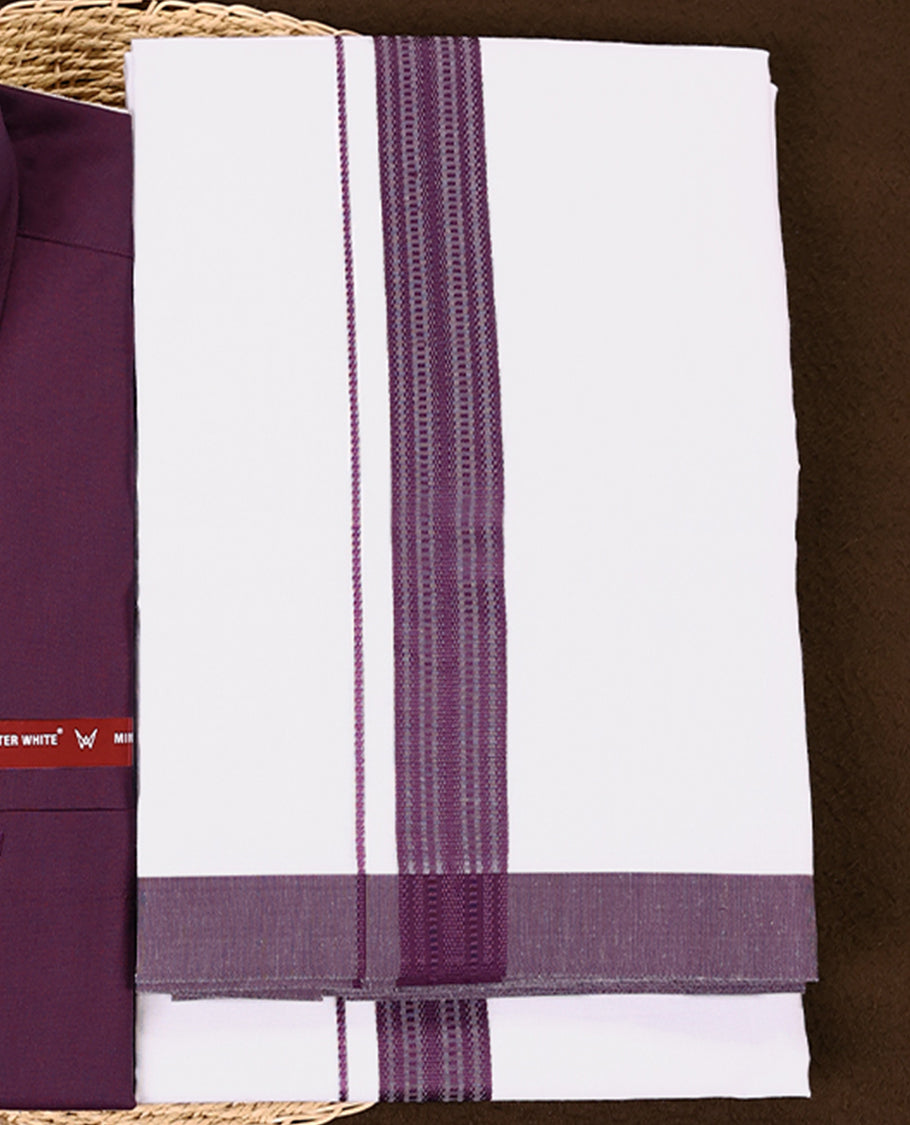 Grape colour full sleeve shirt and white dhoti set featuring a rich Grape woven border crafted for a bold and traditional look ideal for festive and special occasions