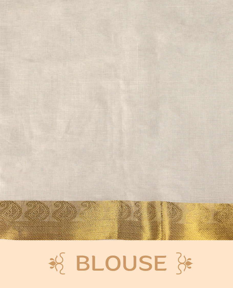 Elegant off white cotton Kerala saree adorned with hand painted floral motifs in pink, yellow, and green, beautifully accented by a rich golden zari border and pallu paired with matching blouse