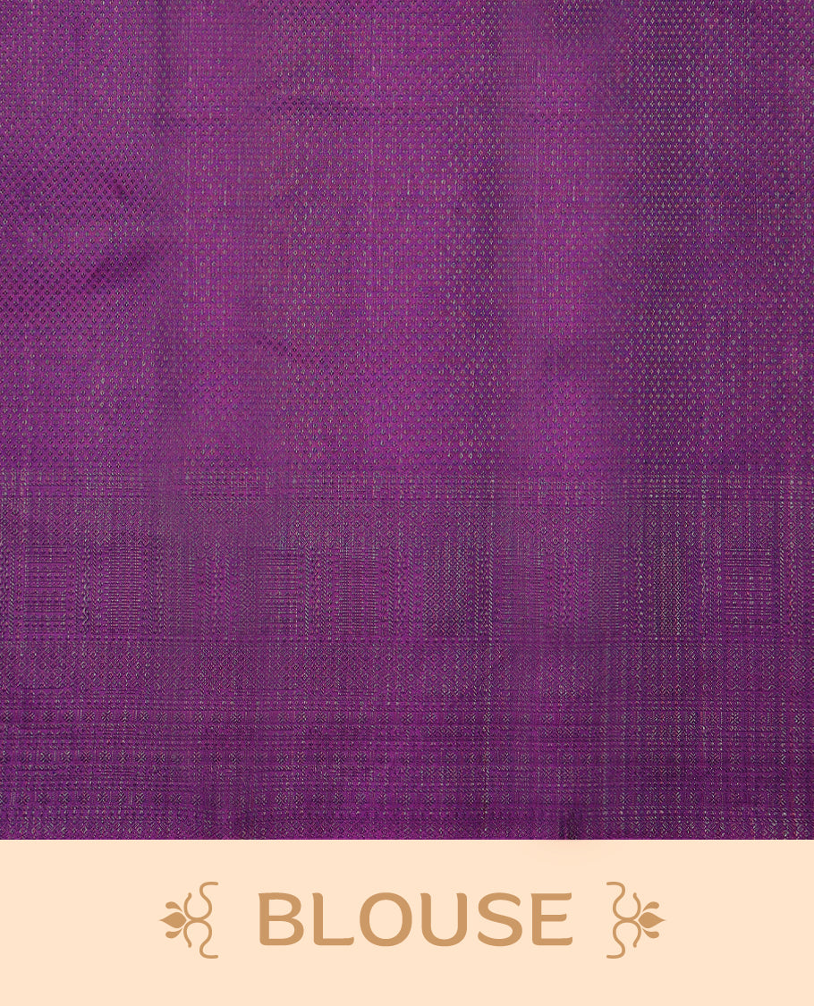Violet coloured Manthrakodi saree featuring a multicoloured zari jacquard body, complemented by a self coloured turning Banarasi border and a matching self coloured blouse.