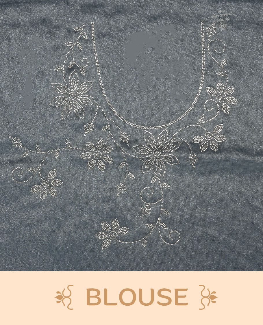 Pastel Blue colour net shimmer fancy saree adorned with scattered white stone buttas all over the body, paired with a delicate stone worked border and matching blouse featuring floral vine stone embroidery