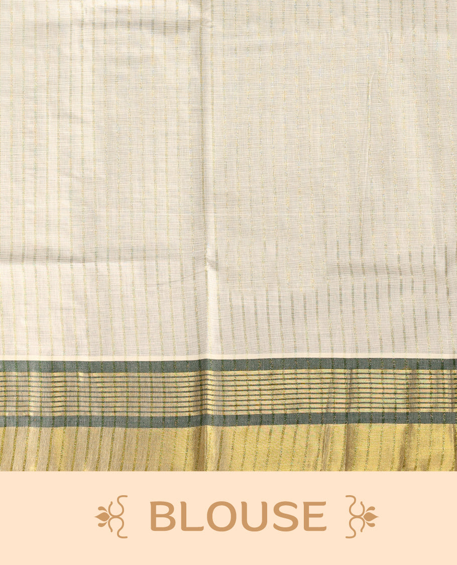 Elegant off white colour checked cotton Kerala saree with golden and green zari border, finished with tasselled pallu & Comes with a matching blouse, perfect for festive and traditional occasions.