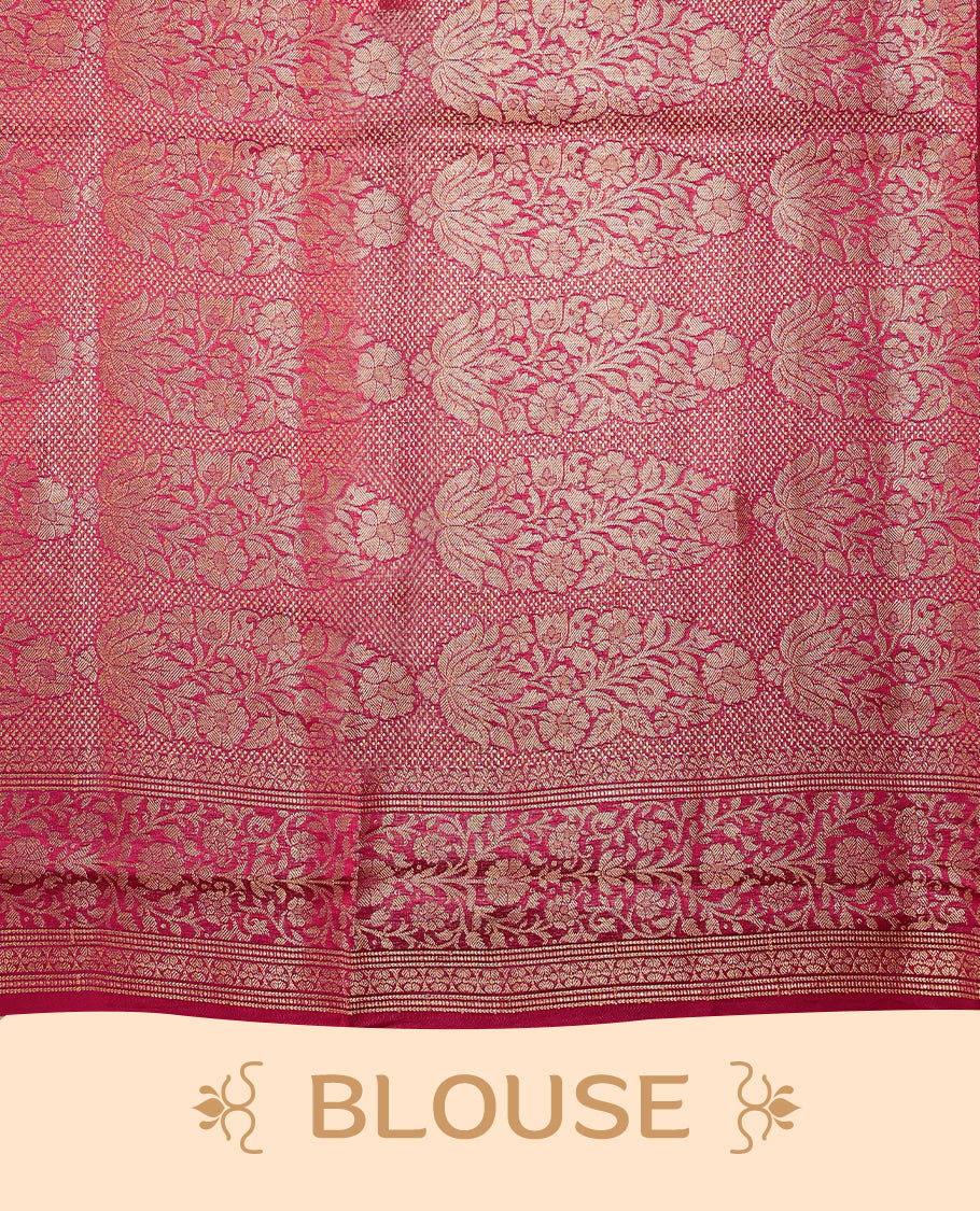 German Blue colour pure Banarasi Chanderi cotton fabric, featuring traditional antique zari buttas on the body, complemented by a traditional Rani Pink Colour border and a matching blouse.