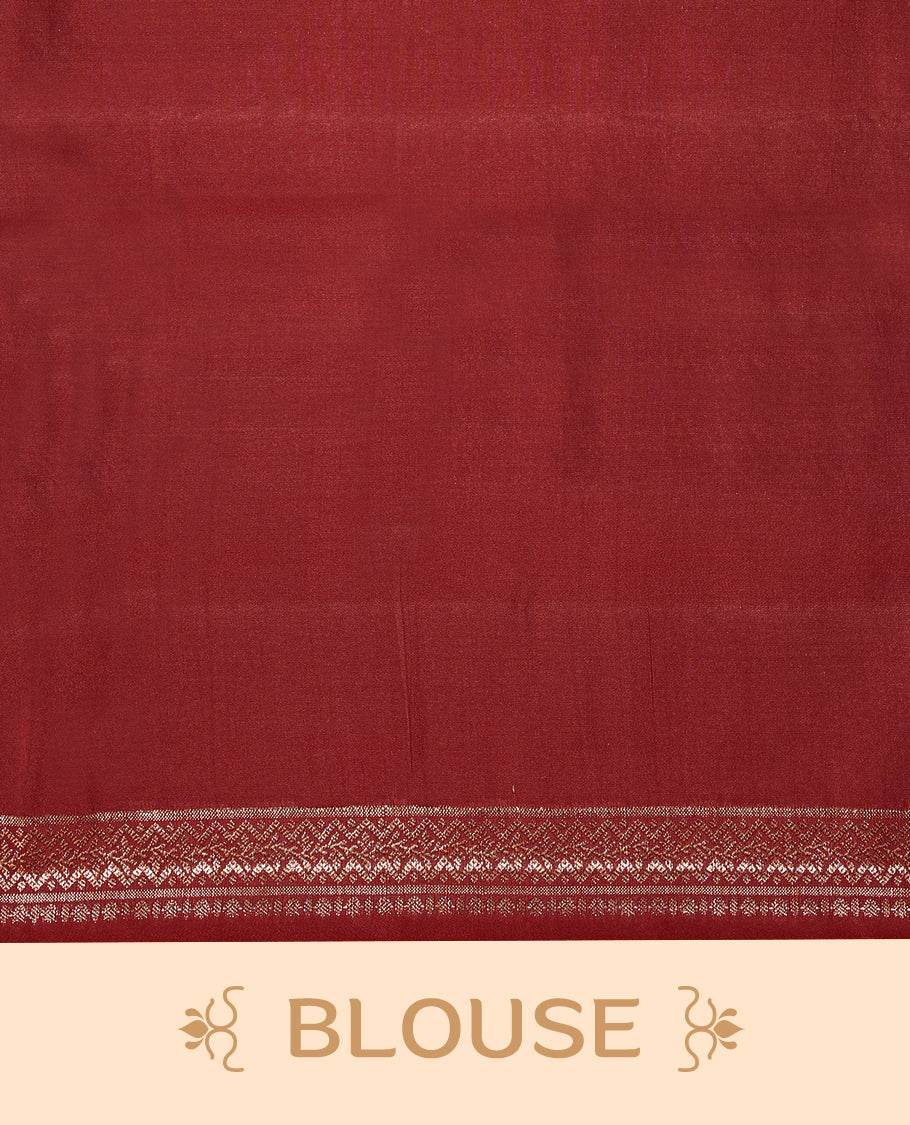Dark Green Colour Pure Banaras Soft Silk Saree adorned with traditional antique zari motifs, paired with a hand dyed Dark Red antique style border and a matching blouse.
