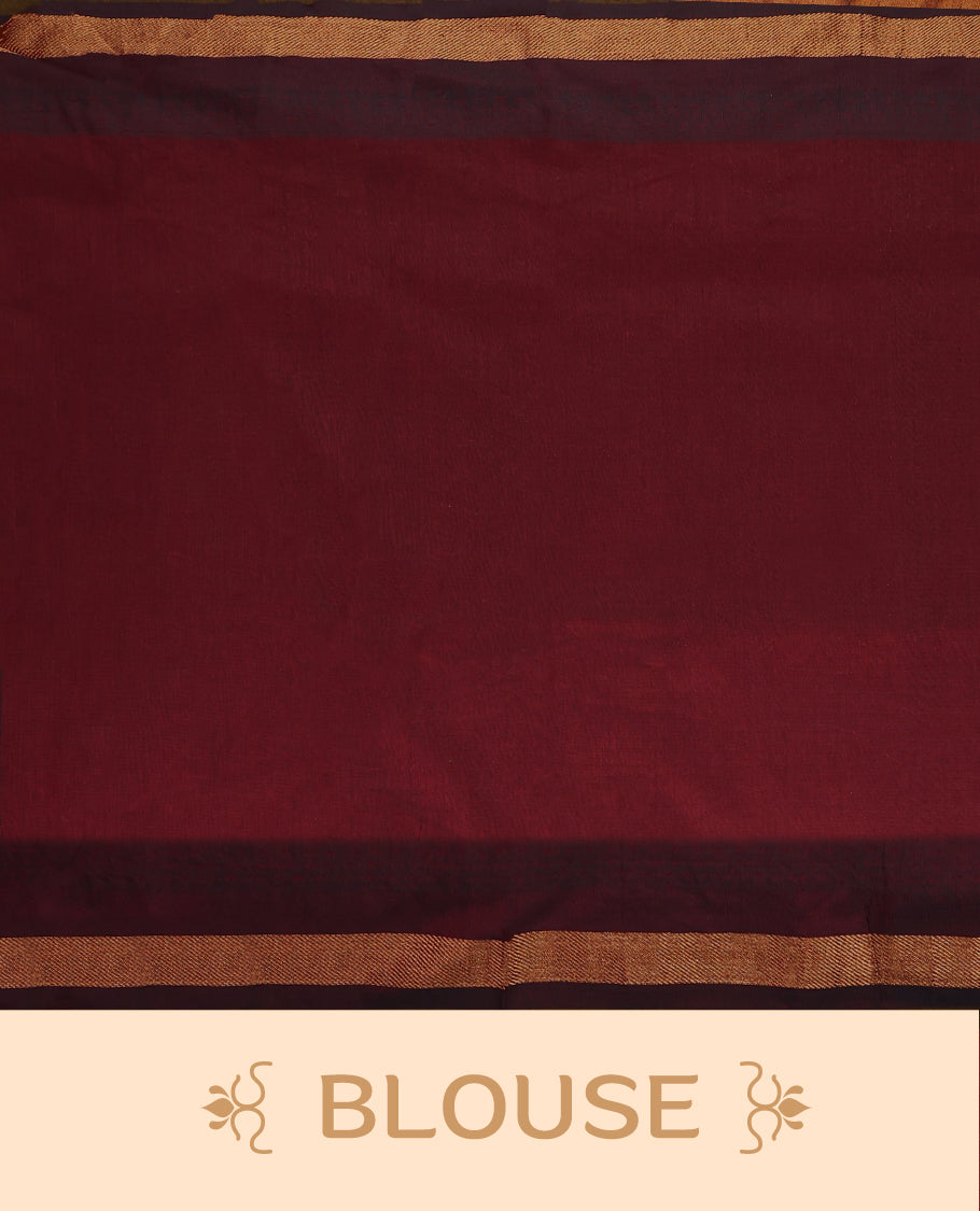 Mustard colour Kalyani cotton saree adorned with zari woven buttas across the body, paired with a rich Maroon colour traditional zari border and pallu, with matching blouse.