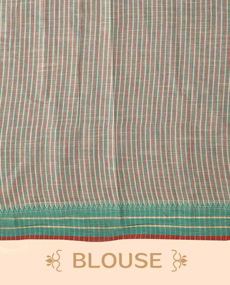 Off-white Colour lightweight khadi cotton saree featuring earthy-coloured digital floral kodi prints on the body, accented with an aqua green border, and paired with a matching blouse.