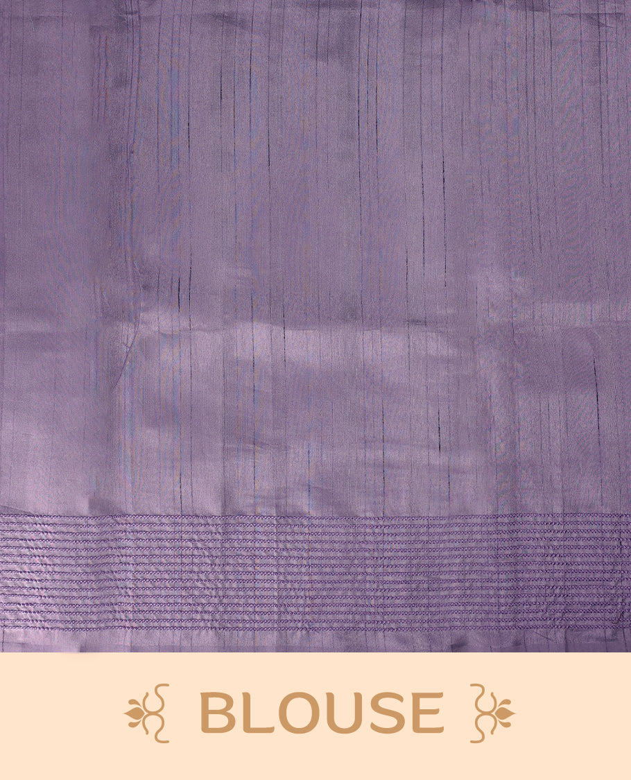 Elegant off white colour cotton Kerala saree featuring lavender colour Thread detailing on body, gold zari traditional kasavu border, Paired with matching blouse offering a classic and graceful look
