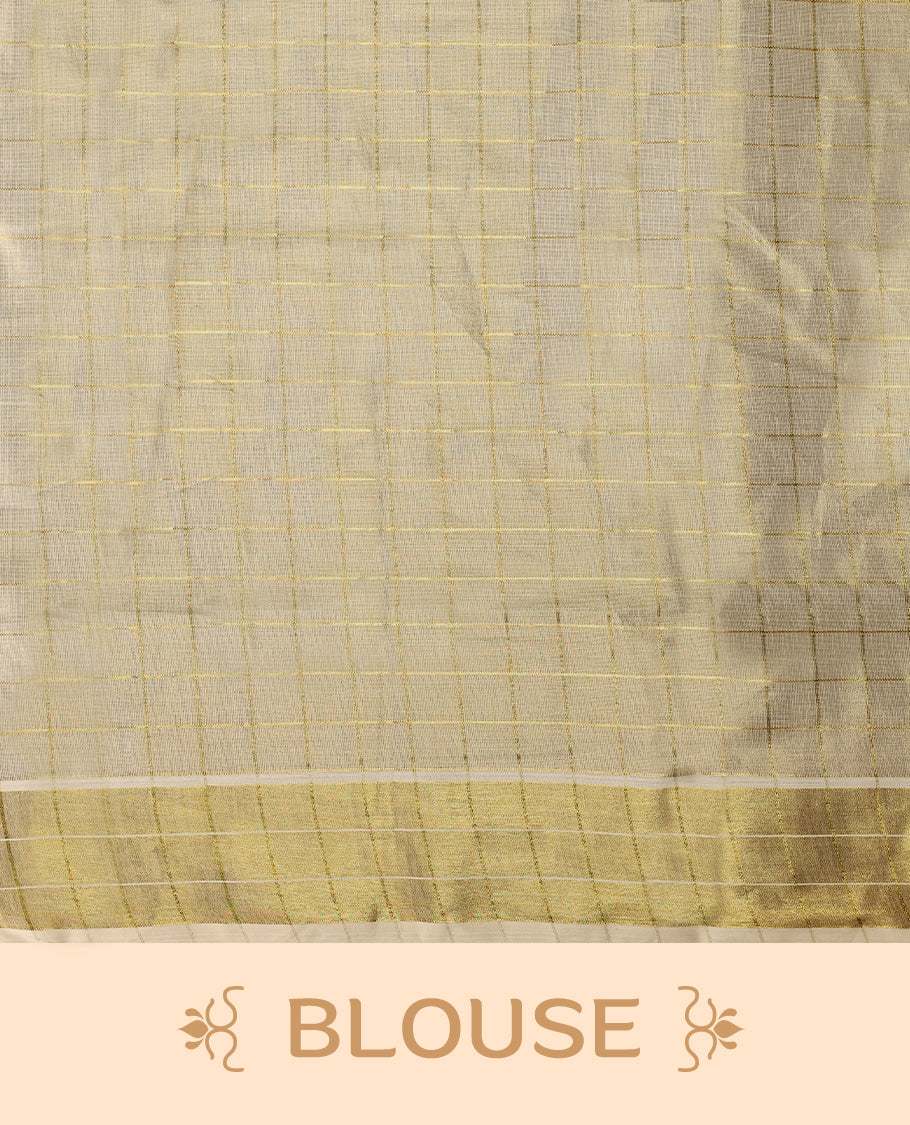 Light Gold colour Tissue Kerala saree featuring Lord Krishna and peacock motifs on the body, golden zari checks, and a beautifully woven border with shell Printed motifs, paired with a matching blouse perfect for festive occasions.